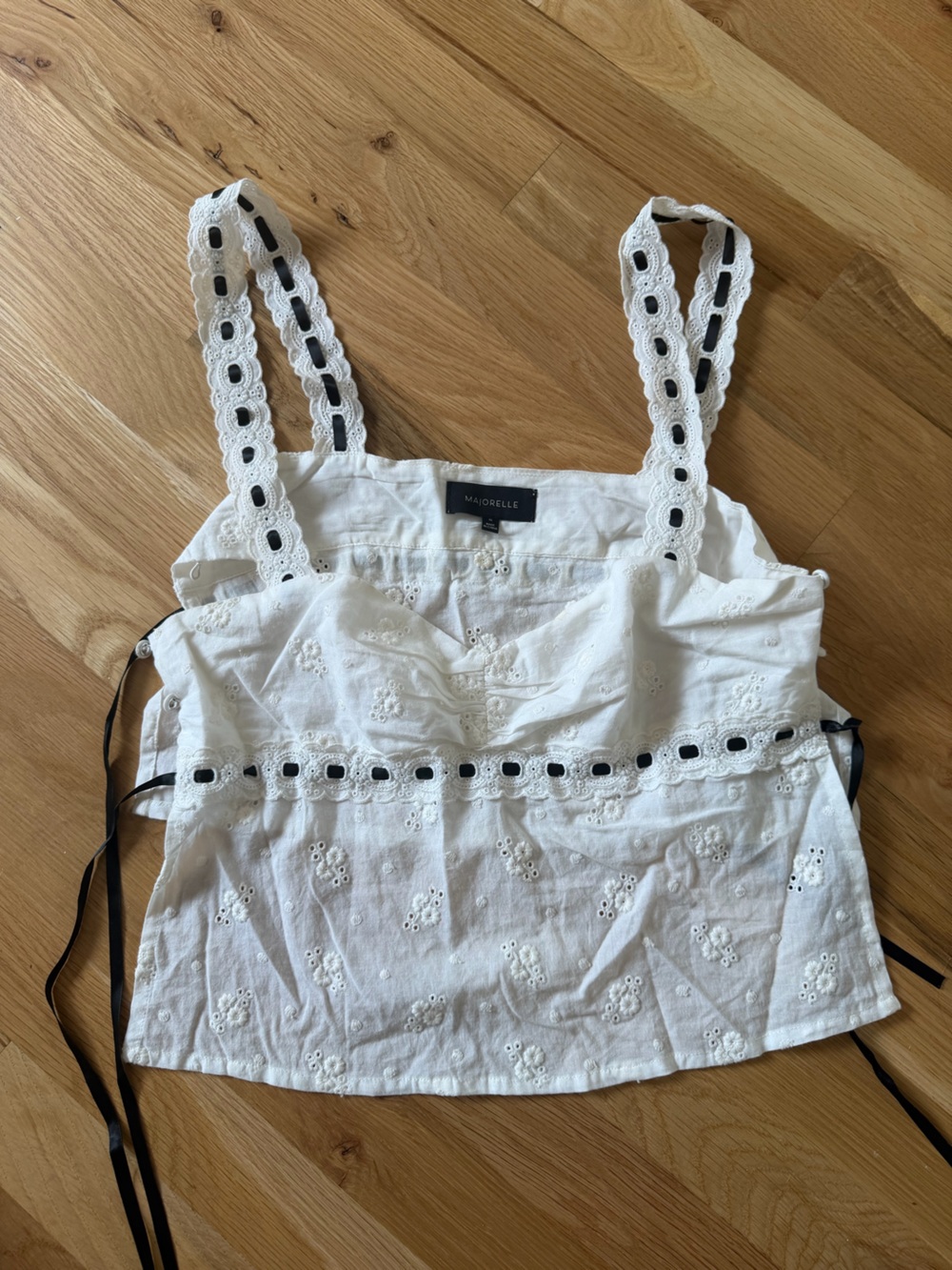 MAJORELLE White Eyelet Cropped Tank with Black Ribbon Detail